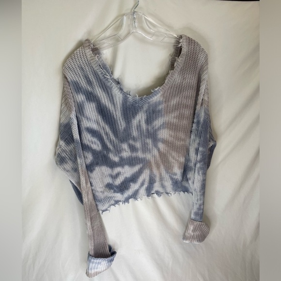 Jessica Simpson Women’s Sweater Tie Dye Waffle  Knit Crop Blue/brown/white Large - Picture 7 of 10